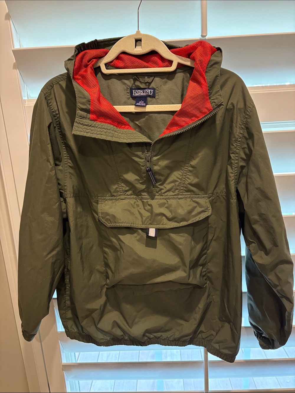 Lands' End Olive Green Pullover Anorak with Red/orange Hood Lining